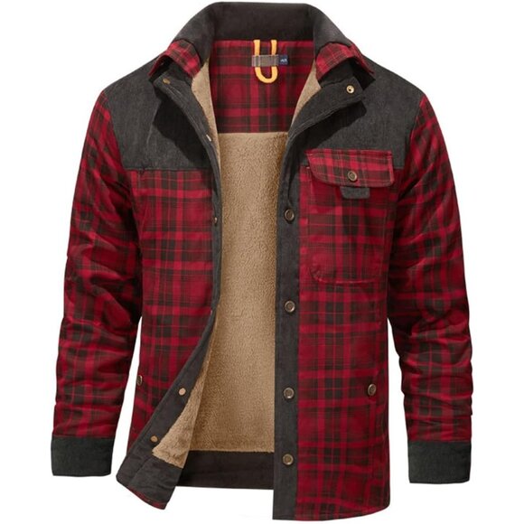 Other - Men's Red Sherpa Lined Plaid Flannel Jacket Fleece Lined Button Winter Coat.